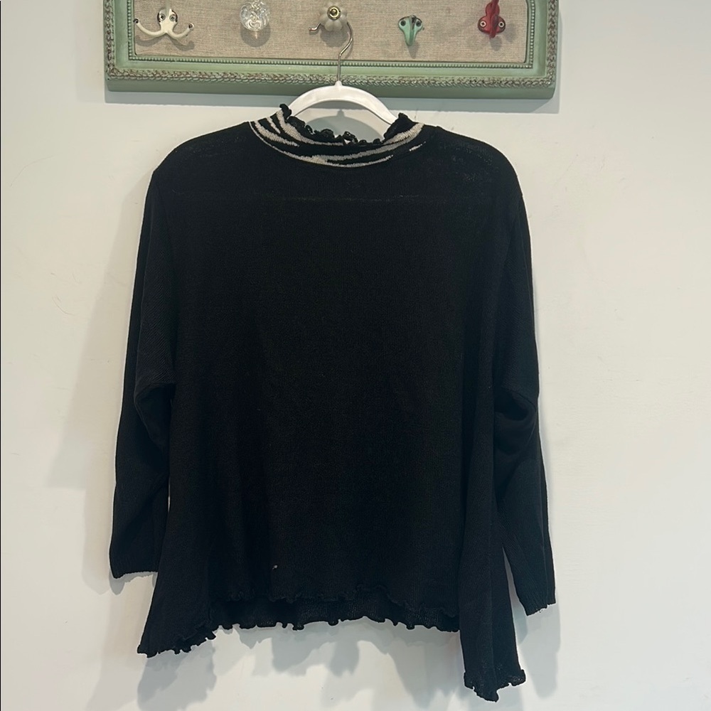 Eileen Fisher Knit Mock zebra neck Ruffled Women's Top Black one size